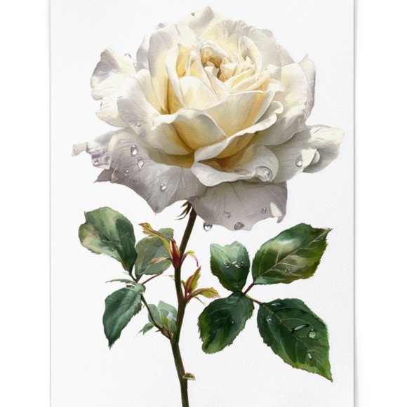 Watercolor Single White Rose Wall Art Print Poster, Unframed - Delicate Floral - Picture 2 of 6
